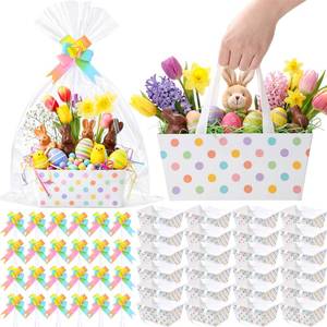 lot 20016 image: Funnymoom 24 Pcs Pastel Basket for Gifts Empty Easter Pastel Colors Polka Dot Gift Basket Empty to Fill with Handle, Transparent Bag and Bow for Spring Summer Wedding Tea Party Favor Supply, 9.8x6.5