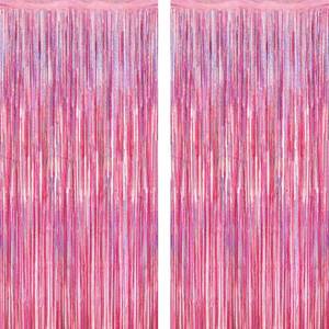lot 20031 image: 2 Pack Glitter Pink Backdrop, 3.28 FT x 7.05 FT Birthday Party Decorations, Laser Pink Fringe Curtains Foil Streamer Tinsel, Pink Curtains Photo Backdrop Happy Birthday Valentines Day Backdrop