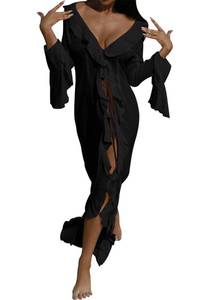 lot 20444 image: Tcremisa Women Flowy Long Beach Cover Ups Dress Bell Sleeve Sheer Mesh Chiffon Ruffle Duster Robe Kimono Dresses (Small)