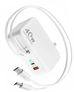 lot 20462 image: Retractable USB C Charger Wall Plug with 35.5in90cm Type C Cables Cords,40W Fast Charging Foldable Block Multi Charger for All Devices for iPhone 171615141312,iPad,Galaxy,Pixel