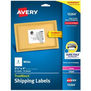 lot 20481 image: Avery Printable Shipping Labels, Sure Feed Technology, 3-13 x 4, White, LaserInkjet Printable, 60 Blank Mailing Labels (15264)