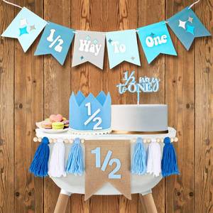 lot 20497 image: 12 Birthday Boy Half Birthday Decorations �� 4PCS Blue 6 Month Party Set with 12 Way to One Banner, Halfway High Chair Banner, Cake Topper and Hat for 6 Month Baby Boy Photo Shoot Decor