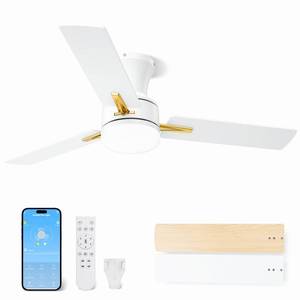 lot 1003 image: LANMEL 42 Inch Flush Mount Ceiling Fan with Light, App&Remote Control, Low Profile Modern Ceiling Fan, 6 Speed, Reversible, 3000k-6500k Dimmable LED, Quiet DC Motor for Indoor Outdoor, Gold White