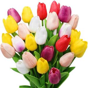 lot 1007 image: Pseutio 28pcs Multicolor Flowers Artificial Tulip Stems Real Feel PU Tulips for Easter Spring Wreath Wedding Bouquet Centerpiece Floral Arrangement Cemetery Table D�cor 13 Tall