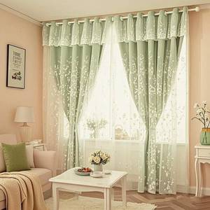 lot 1042 image: Amidoudou 1 Pair Double Layer Flower Curtains for Girls Room Living Room Pastoral Flowers and Leaf Embroidered Curtains for Bedroom (Green,54x90 Inch)