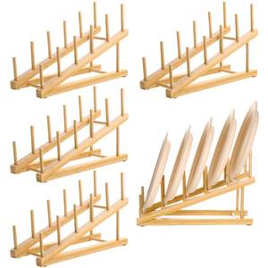 lot 1063 image: Zelphvt 5 Pack Wooden Dish Rack Wooden Plate Stands for Display Multi Tier Plate Holder Cabinet Organizer, Craft Show Vendor Counter Display Rack for Tabletop Book, Art Prints and Platter