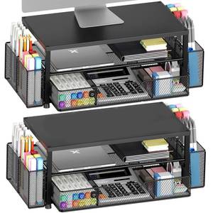 lot 1087 image: OPNICE Desk Organizer and Accessories, 2-Tier Computer Monitor Stand Riser with Drawer and 2 Pen Holders, Laptop Stand, Office Desk Accessories for Office Supplies, Black 2-Pack