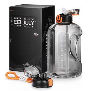 lot 1981 image: Feeljuly 64 OZ Water Bottle with Straw, Half Gallon Water Bottle Times to Drink, Reusable Leak Proof Water Jug Handle with Strap, 2 Lids BPA Free for Fitness Gym Camping (Grey, 64 Ounces)