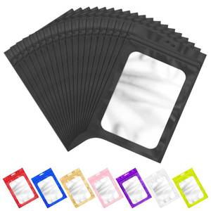 lot 2064 image: 100 PCS Resealable Mylar Bags with Frosted Clear Window Bags Packaging Bag Foil Pouch Zipper Bag for Food Self Sealing Storage Supplies (Black, 5.51x7.87)