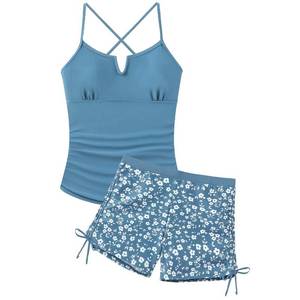lot 2072 image: Deoynut Girls Tankini Swimsuit 2 Piece Bathing Suits Criss Cross Back Swim Tank Top and Drawstring Bottoms for Teens 9-16Y(Gray Blue,Size 15-16)