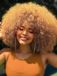 lot 2094 image: GKtineke Afro Wig 14Inch Afro Wigs for Black Women Blonde 70s Afro Kinky Curly Wig Bouncy Huge Fluffy Puff Wigs Synthetic Hair for Cosplay Daily and Party (Blonde)