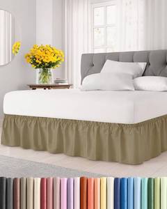 lot 2101 image: Wrap Around Dust Ruffle Bed Skirt - Khaki - for Queen Size Beds w 15 Inch Drop - Easy Fit Elastic Strap - Adjustable Pleated Bedskirt wBrushed Fabric - Wrinkle Free - for Women, Men, Kids & Teens