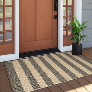 lot 2171 image: OJIA Front Door Rug 24x51 Outdoor Doormat Washable Front Door Mat Indoor Entrance Tan Washable Porch Rug Woven Striped Outdoor Mat Entryway Rugs Small Area Rug for Kitchen Entry Bathroom