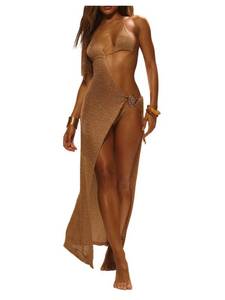 lot 2212 image: GORGLITTER Womens Crochet High Split Beach Cover Ups Metal Linked Sleeveless Halter Coverups Dress Resort Wear Gold Small