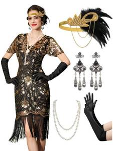 lot 2227 image: YESSA Flapper Dresses 1920s Dress for Women,Lace Neck Great Gatsby Dresses for Women Roaring 20s Dress with Sleeve for Harlem NightsCocktailParty-1920s Costumes,Black Gold,Medium
