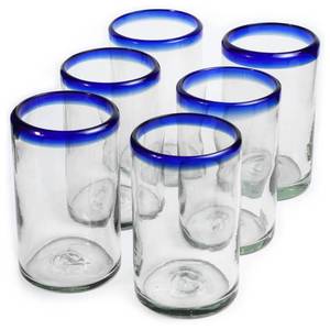 lot 3617 image: HANDMADE CON AMOR - 15 oz Hand Blown Mexican Drinking Glasses - Set of 6 tumblers, 15 fl oz each, Clear