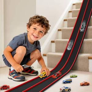 lot 3631 image: Flexible Race Track Toys for Kids, 15 Ft Flex Tracks Starter Set with Strong Suction Cups - Compatible with Hot Wheels and Diecast 164th Cars, Rolls up Portable Race Car Ramp Track (Red Black)