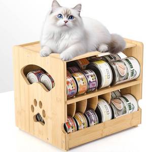 lot 3633 image: HOSASSPER Upgraded Bamboo Cat Food Can Organizer - FIFO Pantry Storage Rack, Holds 42 (3oz) Cans, Stackable Pet Food Can Organizer for Kitchen Pantry (1)
