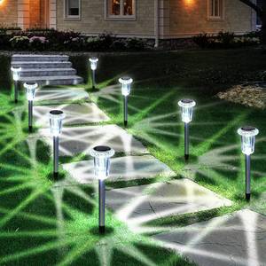 lot 3634 image: Eyrosa Solar Outdoor Lights, 10 Pack Waterproof Stainless Steel Solar Stake Lights for Pathway Garden Yard Path Walkway Driveway Lawn Patio Outside Decor, Cool White