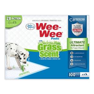 lot 4214 image: Four Paws Wee-Wee Ultimate Attractant Grass Scented Pee Pads for Dogs & Puppies, Leak-Proof Dog Housebreaking Instinctive Potty Training Floor Protection, 22 x 23, 10 Count