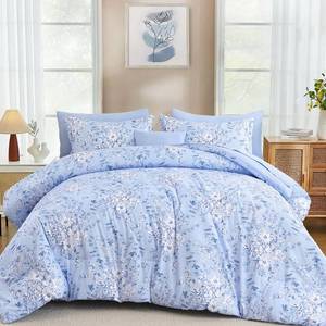 lot 5583 image: WONGS BEDDING King Size Comforter Set, 8 Pieces Blue Floral Bed in a Bag Comforter Sets, Botanical Print Soft Fluffy Microfiber Complete Bedding Sets for All Season (90x104)