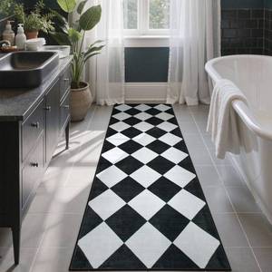 lot 6121 image: Beeiva Checkered Print Black Bathroom Runner Rug 2x6, Washable Ultra Thin Non Slip Laundry Room Rug Moroccan Stain Resistant Kitchen Runner, Modern Trellis Carpet for Hallway Bedroom Entryway Decor
