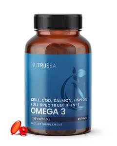 lot 6137 image: Nutriissa Full Spectrum Omega-3 �� 2000 mg Oil Blend (Krill, Cod & Salmon Oil) �� 1175 mg Omega-3s (EPA, DHA & DPA) �� EPEB Certified, 3-Month Supply �� Heart, Brain & Joint Support �� 180 Halal Softgels