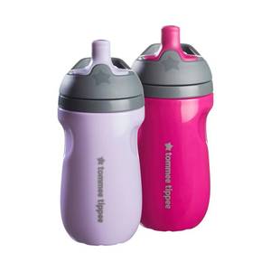 lot 6168 image: Tommee Tippee Insulated 9oz Sporty Spout Toddler Water Bottle, No Spill, Sippy Cups for Toddlers 1-3, Two-Piece Valve Helps Stop Spills, Lilac & Plum, BPA Free, Pack of 2