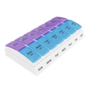 lot 6173 image: EZY DOSE Weekly AMPM Pill Organizer, 7-Day Vitamin Container and Daily Medication Box with Large Pop-Out Compartments, 2 Times a Day Pill Holder, Blue and Purple Lids, Travel-Friendly Design