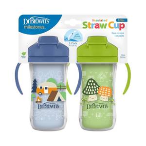 lot 6191 image: Dr. Browns Milestones Insulated Sippy Cup with Straw and Handles, Spill-Proof Tumbler with Lid, 2-Pack, Blue & Green, 10 oz300 mL, BPA Free, 12m