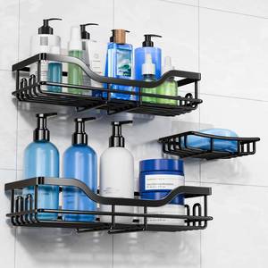 lot 8142 image: OMAIRA 3-Pack Shower Caddy with Soap Holder, Adhesive Rustproof No-drill Strudy Loading Inside Shower Organizer Shelves Rack Storage Bathroom Organization for Smooth Wall Glass Tile, Black (Large) (Missing One)