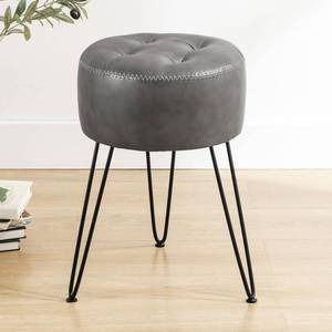 lot 9569 image: LUE BONA Faux Leather Vanity Stool Chair for Makeup Room, Grey Stool for Vanity, 19 Height, Tufted Small Vanity Chair with Metal Legs, for Bedroom, Living Room