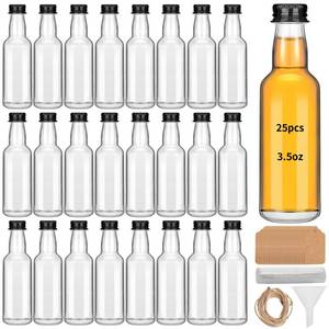 lot 9586 image: 25 Pcs Mini Glass Liquor Bottles with Lids Small Glass Wine Bottles Reusable Empty Alcohol Bottles with Aluminum Black Screw Cap for Christmas Birthday(100 ml 3.5oz) (25PC 3.5OZ Glass Bottles)