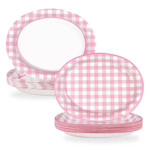 lot 9615 image: 50Pcs Pink Gingham Oval Paper Plates 10 x 12 Large Disposable 400GSM Heavy DutyPink and White Buffalo Checked Plaid Dessert Plates for BBQ Picnic Birthday Summer Dinner Party Supplies Decorations