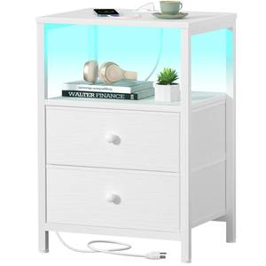 lot 9616 image: BOLUO White Nightstand with Charging Station, LED Night Stand with 2 Fabric Drawers, Bedside Table with USB Ports and Outlets, Nightstand for Bedroom Modern