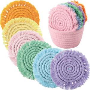 lot 10277 image: Coasters Set of 6 for Drinks Boho Absorbent Woven Cotton Coaster with Holder Farmhouse Tassel Macrame Cup Mat Housewarming Gift for Coffee Table Home Kitchen Office Decoration, 4 in(Easter Pastel)