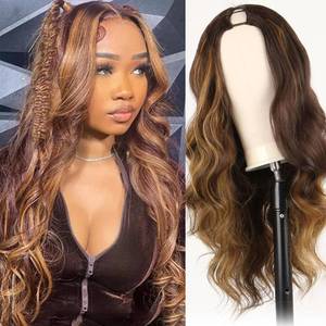 lot 10335 image: SCENTW V Part Wig Body Wave Synthetic Wigs for Women 24inch Brown wig with highlights V Part Wigs Upgrade U Part Wigs Glueless Full Head Clip in Half Wig for Black Women