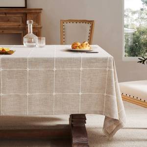 lot 10337 image: ZeeMart Grid Embroidered Tablecloths 60x104 Inch (Fit 6ft��7ft, Narrow Fit 8ft Rectangle Table), Taupe Farmhouse Heavy Weight Cotton Linen Water Resistant Boho Table Cloth
