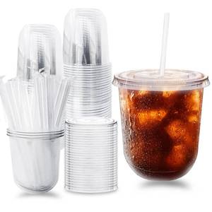 lot 11182 image: Alaeseje 50 Pack Clear Plastic Cups with Lids and Straws,12 oz Disposable Iced Coffee Cups,PET Crystal Cups,Round Bottom To Go Cup for Iced Coffee Juice Smoothie Cold Beverage