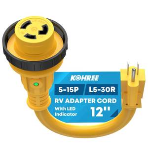 lot 11186 image: Kohree RV Adapter Plug 30 Amp to 15 Amp 110V, RV Power Electrical Adapter Cord 15A Male to 30A Female 12 with Twist Lock & LED Indicator