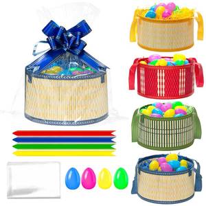 lot 11205 image: 4Sets Large Easter Basket Foldable Easter Baskets with Handle Ribbon Cellophane Bags 12 Colorful Eggs for Easter Egg Hunt Baskets for Gifts Empty (4PCS-Extra Large)