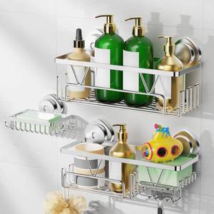 lot 11208 image: ZUNTO Silver Suction Cup Shower Caddy - 3pcs Reusable Shower Shelf Organizers with Soap Holder and Hooks - No Drilling Bathroom Shelves for Shampoo