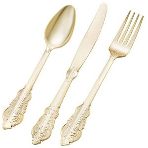 lot 11209 image: Bestluck 150PCS Gold Plastic Silverware for 50 Guests, Heavy Duty Gold Disposable Utensils Sets, Includes 50 Forks, 50 Spoons, 50 Knives, Elegant Cutlery Perfect for Wedding, Party