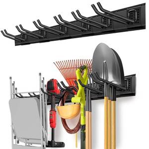 lot 11214 image: PIYILO Garage Organization, Garage Wall Organizer with 48 inches Rails and 6 Hooks, Tool Organizers Heavy Duty, Shovel Holder Wall Mount Max Load 360 LBS, Sturdy Garden Tool Rack for Folding Chairs