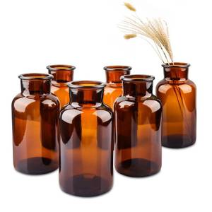 lot 11222 image: PINIWON Set of 6 Amber Bud Vases, Small Glass Vases, Vintage Medicine Bottles Apothecary Jars with Brush, Flower Vases for Home Decor, Wedding Centerpieces