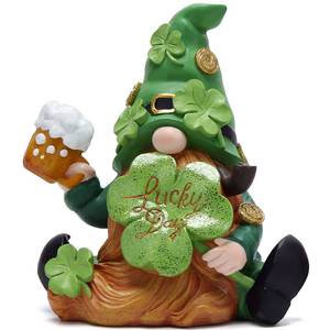 lot 12008 image: Hodao Green St Patrick��s Day Handmade Gnome 6 H Resin Standing Figurine for Spring-Irish Gnome Elf Scandinavian Yule Nordic Figurine Home Holiday Decorations Indoor Home Decor Green Gnome (Green)