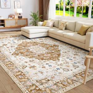 lot 12011 image: Amearea Vintage Design Area Rugs for Living Room, 8x10 Machine Washable Floral Collection Traditional Bedroom Rug, Low Pile Cute Kids Room Print Carpet, No Slip Office Kitchen Home Decor, Gold