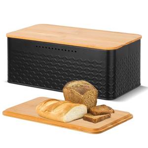 lot 12013 image: Phyllia Bread Box, Metal Bread Storage Container with Bamboo Lid Usable as Cutting Board, Breadbox Holder for Kitchen Countertop, 13 x 7 x 5.3 inch (Black)