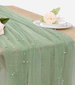 lot 12014 image: Pearl Table Runner 29 x 120 Inch Tulle Fabric Lace Table Runners for Bridal Shower Birthday Party Wedding Arch Dessert Table Decor(1 Pack, Sage Green)