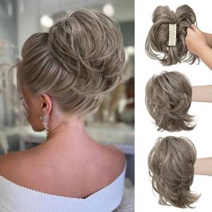 lot 12015 image: CJL HAIR Claw Clip Short Ponytail Hair Extensions DIY Bendable Metals Messy Bun Hair Piece for Wonen Straight Synthetic Fake Hairpieces Ash Grey